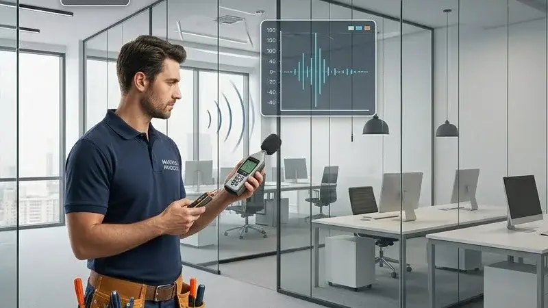 Professional technical staff performing on-site measurement with a laser meter before acoustic curtain application.