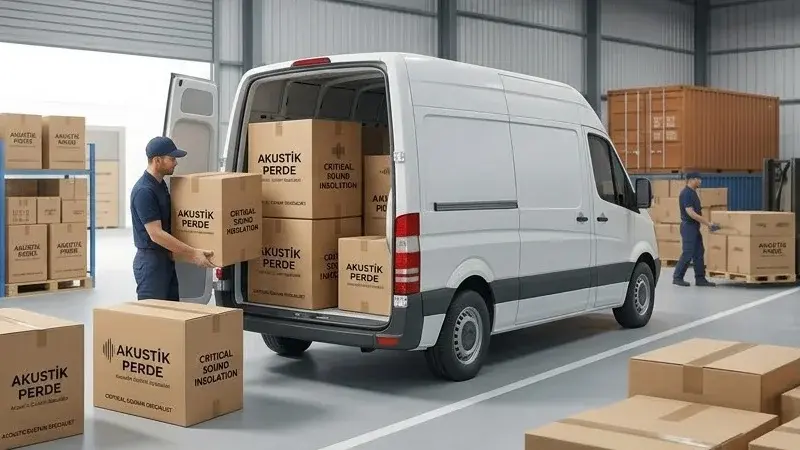 Özel koruyucu ambalajlarla paketlenmiş akustik perdelerin sevkiyat aracına güvenle yüklenmesi.