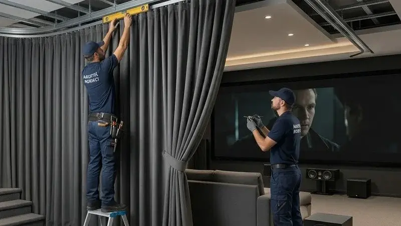 Tavana monte edilen ağır raylı sistem üzerine profesyonel akustik perde montajı yapan teknik ekip.